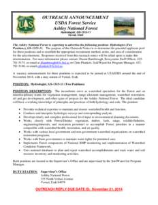 OUTREACH ANNOUNCEMENT USDA Forest Service Ashley National Forest Hydrologist, GS[removed]Vernal, Utah