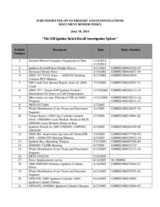 SUBCOMMITTEE ON OVERSIGHT AND INVESTIGATIONS DOCUMENT BINDER INDEX June 18, 2014 “The GM Ignition Switch Recall: Investigation Update.”  Exhibit