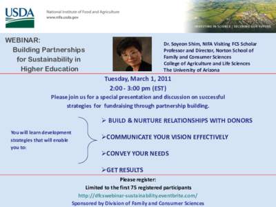 WEBINAR: Building Partnerships for Sustainability in Higher Education  Dr. Soyeon Shim, NIFA Visiting FCS Scholar