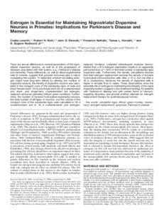 The Journal of Neuroscience, December 1, 2000, 20(23):8604–8609  Estrogen Is Essential for Maintaining Nigrostriatal Dopamine