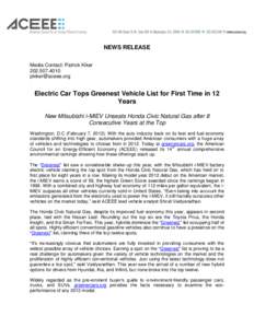 NEWS RELEASE Media Contact: Patrick Kiker[removed]removed]  Electric Car Tops Greenest Vehicle List for First Time in 12