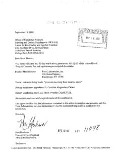 September 19,2002 Office of Nutritional Products Labeling and Dietary Supplements (HFS-810) Center for Food Safety and Applied Nutrition U.S. Food and Drug Administration[removed]Paint Branch Parkway