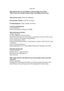 Annex III Biographical data form of candidates to human rights treaty bodies (Please respect the specified amount of lines when filling out this from).