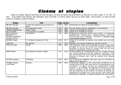 Cinéma et utopies Dans ce dossier figurent des films de tous les pays, de tous les types (documentaires ou fictions) en vidéo, super 8, 16 mm, 35 mm… Tous traitent des utopies, des dystopies, des uchronies. Le terme 