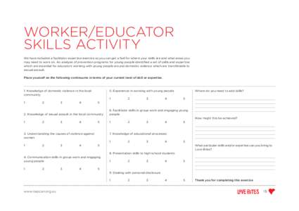 WORKER/EDUCATOR SKILLS ACTIVITY We have included a facilitator expertise exercise so you can get a feel for where your skills are and what areas you may need to work on. An analysis of prevention programs for young peopl