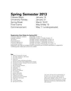 Spring Semester 2013 Classes Begin	 University Holiday Spring Break	 Final Exams	 Commencement