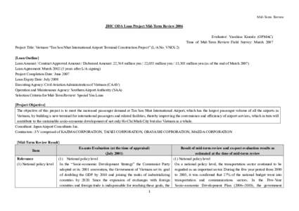 Mid-Term Review  JBIC ODA Loan Project Mid-Term Review 2006 Evaluator: Yasuhisa Kuroda (OPMAC) Time of Mid-Term Review Field Survey: March 2007 Project Title: Vietnam “Tan Son Nhat International Airport Terminal Constr