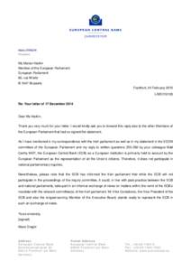 Reply by the ECB President to MEP Harkin on the ECB’s participation in the Irish parliamentary Committee of Inquiry