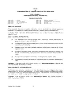 RULES OF TENNESSEE BOARD OF FUNERAL DIRECTORS AND EMBALMERS CHAPTER[removed]STANDARDS OF SERVICE AND PRACTICE TABLE OF CONTENTS