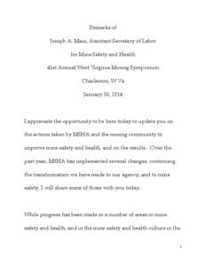 MSHA - Remarks of Joseph A. Main at the 40th Annual West Virginia Mining Symposium West Virginia Coal Association - Charleston, W Va - January 30, 2014