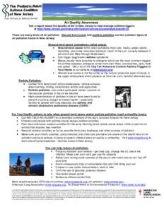 Air Quality Awareness Get a report about the Quality of Air in New Jersey to help manage asthma triggers at http://www.airnow.gov/index.cfm?action=airnow.fcsummary&stateid=35 There are many kinds of air pollution. Ground