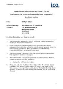 Reference: FER0524770  Freedom of Information ActFOIA) Environmental Information RegulationsEIR) Decision notice Date: