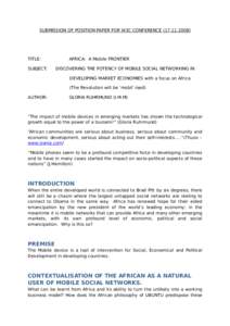 SUBMISSION OF POSITION PAPER FOR W3C CONFERENCE[removed]TITLE: SUBJECT:  AFRICA: A Mobile FRONTIER