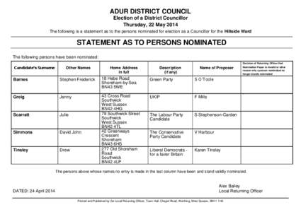 ADUR DISTRICT COUNCIL Election of a District Councillor Thursday, 22 May 2014 The following is a statement as to the persons nominated for election as a Councillor for the Hillside Ward  STATEMENT AS TO PERSONS NOMINATED