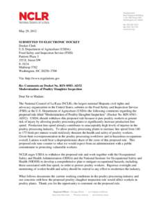 May 29, 2012  SUBMITTED TO ELECTRONIC DOCKET Docket Clerk U.S. Department of Agriculture (USDA) Food Safety and Inspection Service (FSIS)