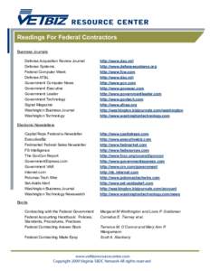 Readings For Federal Contractors Business Journals Defense Acquisition Review Journal Defense Systems Federal Computer Week Defense AT&L