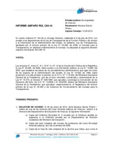 INFORME AMPARO ROL C80-10  Entidad pública: Municipalidad de Vitacura Reclamante: Mariana García Piñeiro