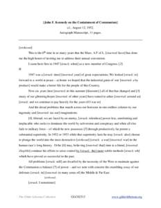 [John F. Kennedy on the Containment of Communism] s.l., August 12, 1952. Autograph Manuscript, 11 pages. [strikeout] This is the 6th time in as many years that the Mass. A F of L. [inserted: have] has done