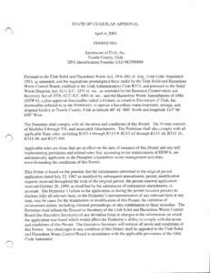 STATE OF UTAH PLAN APPROVAL  April4,2003 PERMITTEE: Envirocare of Utah, Inc. Tooele County, Utah