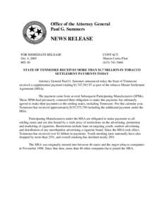 Office of the Attorney General Paul G. Summers NEWS RELEASE FOR IMMEDIATE RELEASE Oct. 4, 2005