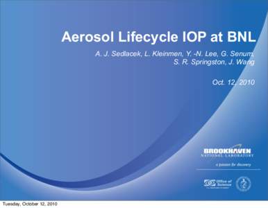Aerosol Lifecycle IOP at BNL A. J. Sedlacek, L. Kleinmen, Y. -N. Lee, G. Senum, S. R. Springston, J. Wang Oct. 12, 2010  Tuesday, October 12, 2010