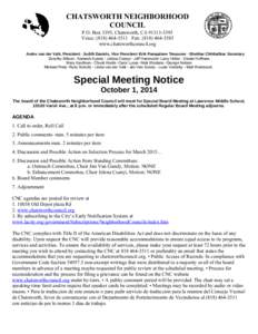 CHATSWORTH NEIGHBORHOOD COUNCIL P.O. Box 3395, Chatsworth, CA[removed]Voice: ([removed]Fax: ([removed]www.chatsworthcouncil.org Andre van der Valk, President ∙ Judith Daniels, Vice President ∙Erik Pampal