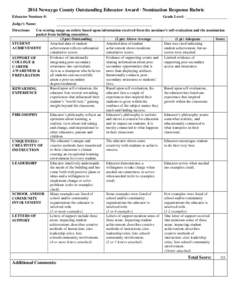 2014 Newaygo County Outstanding Educator Award ∙ Nomination Response Rubric Educator Nominee #: Grade Level:  Judge’s Name: