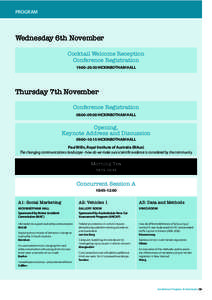 PROGRAM  Wednesday 6th November Cocktail Welcome Reception Conference Registration 19:00–20:30 HICKINBOTHAM HALL