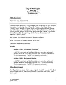 City of Harrington MINUTES City Council Meeting October 15, 2012  Public Comments