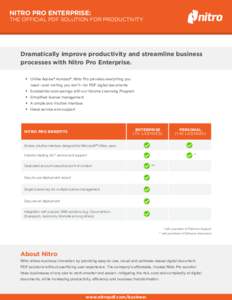 Nitro Pro Enterprise: The official PDF solution for productivity Dramatically improve productivity and streamline business processes with Nitro Pro Enterprise. •	 Unlike Adobe® Acrobat®, Nitro Pro provides everything