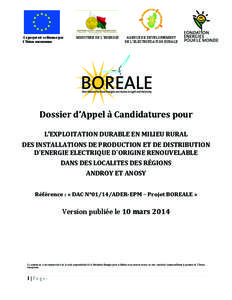 « DAC N°01/14/ADER-EPM – Projet BOREALE » - Cahier des Charges  Ce projet est co-financé par l’Union européenne  MINISTERE DE L’ENERGIE