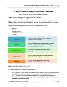 Stroke Rehabilitation Clinician Handbook[removed]Rehabilitation of Cognitive Impairment Post Stroke Robert Teasell MD, Norhayati Hussein MBBS MRehabMed 5.1 The Nature of Cognitive Impairment Post Stroke Cognitive impairm