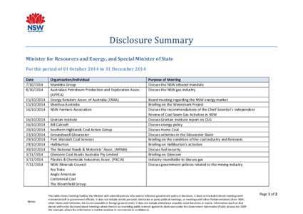 Disclosure Summary Minister for Resources and Energy, and Special Minister of State For the period of 01 October 2014 to 31 December 2014 Date[removed]2014