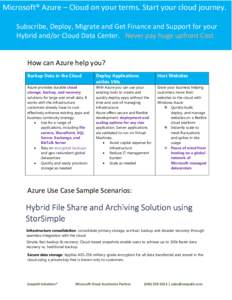 Microsoft® Azure – Cloud on your terms. Start your cloud journey. Subscribe, Deploy, Migrate and Get Finance and Support for your Hybrid and/or Cloud Data Center. Never pay huge upfront Cost. How can Azure help you? B