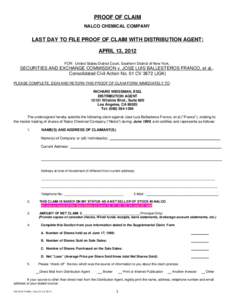 PROOF OF CLAIM  NALCO CHEMICAL COMPANY LAST DAY TO FILE PROOF OF CLAIM WITH DISTRIBUTION AGENT: