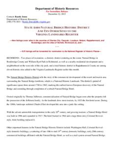 Department of Historic Resources For Immediate Release December 22, 2015 Contact: Randy Jones Department of Historic Resources / 