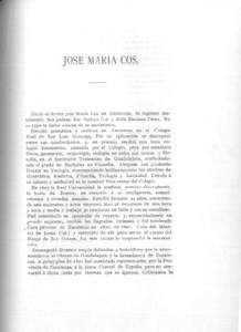 JOSE NIARIA COS.  Nació el doctor José Maria Cos en Zacatecas, de legItimo matrimonio. Sus padres, don Isidoro Cos y doña Matiana Perez. No