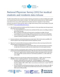 National Physician Survey 2012 for medical students and residents data release The 2012 National Physician Survey for medical students and residents was made available electronically to all medical students and residents