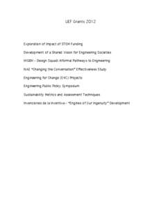 UEF Grants[removed]Exploration of Impact of STEM Funding Development of a Shared Vision for Engineering Societies WGBH – Design Squad: Informal Pathways to Engineering NAE “Changing the Conversation” Effectiveness St