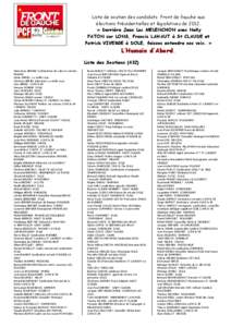 Liste de soutien des candidats Front de Gauche aux élections Présidentielles et législatives de 2012. « Derrière Jean Luc MELENCHON avec Nelly FATON sur LONS, Francis LAHAUT à St CLAUDE et Patrick VIVERGE à DOLE, 