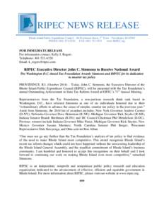 RIPEC NEWS RELEASE Rhode Island Public Expenditure Council – 86 Weybosset Street, 5th Floor – Providence, RI[removed]PHONE[removed]FAX[removed]www.RIPEC.org