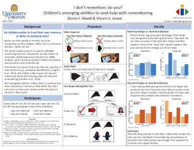 I don’t remember, do you? Children’s emerging abili es to seek help with remembering Shaina F. Rowell & Vikram K. Jaswal SRCD, 2015