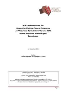 DCA’s submission on the  Supporting Working Parents: Pregnancy and Return to Work National Review 2013 for the Australian Human Rights Commission