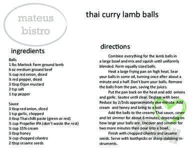 mateus bistro ingredients Balls 1 lbs Martock Farm ground lamb 6 oz medium ground beef