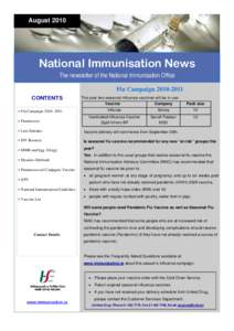 August[removed]National Immunisation News The newsletter of the National Immunisation Office Flu Campaign[removed]CONTENTS