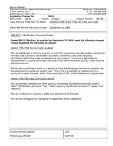 State of California Franchise Tax Board-Legislative Services Bureau PO Box 1468 MS A350 Sacramento, CA[removed]Telephone: ([removed]