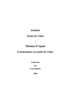 Aristote Traité de l’âme et Thomas d’Aquin Commentaire au traité de l’âme