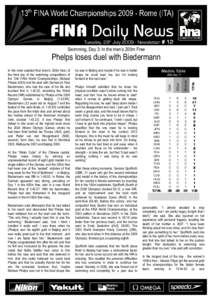 Tuesday, 28th JulyNewsletter # 12 Swimming, Day 3: In the men’s 200m Free Phelps loses duel with Biedermann  Biedermann said afterwards that he had talked