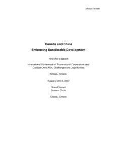Brian Emmett  Canada and China Embracing Sustainable Development Notes for a speech International Conference on Transnational Corporations and