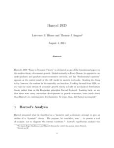 Harrod 1939 Lawrence E. Blume and Thomas J. Sargent∗ August 4, 2014 Abstract